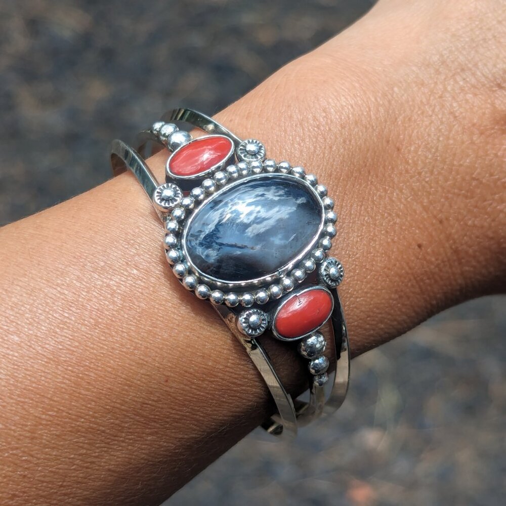 Navajo Bracelet Sterling Petrified Wood‎ Women's sz 6.75 NA Handmade Jewelry ***